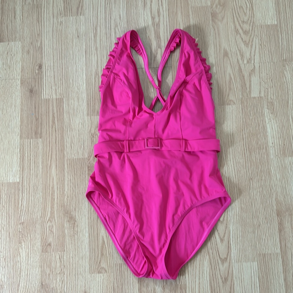 Skinny dippers pink one piece with ruffle and belt